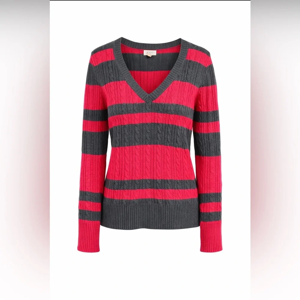 Pink & Gray Striped Cable Knit V-Neck Sweater XXL Oversized Cozy Preppy - Picture 1 of 3